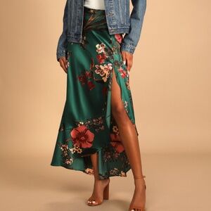 Lulus Superbly Stunning Emerald Green Floral Print Satin Maxi Skirt - Size XS